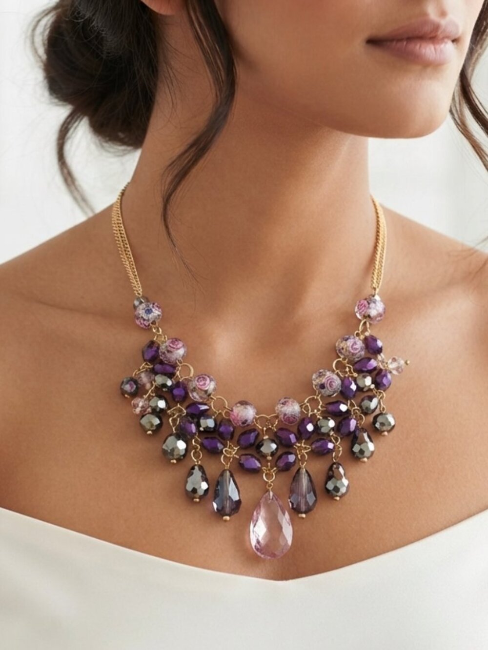 C.A.K.E. by Ali Khan Purple & Pink Glass Bead Layered Statement Necklace